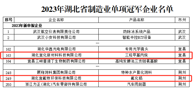 宜化新材料、宜氟特環(huán)保公司獲評2023年湖北省制造業(yè)單項(xiàng)冠軍企業(yè)(圖1)